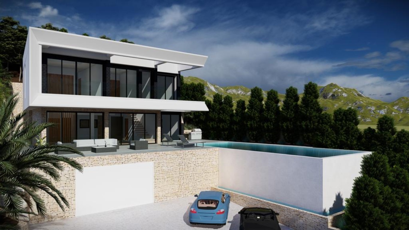 Exterieur van een moderne villa met overloopzwembad, natuurstenen muren en kamerhoge glazen puien met uitzicht op de bergen.