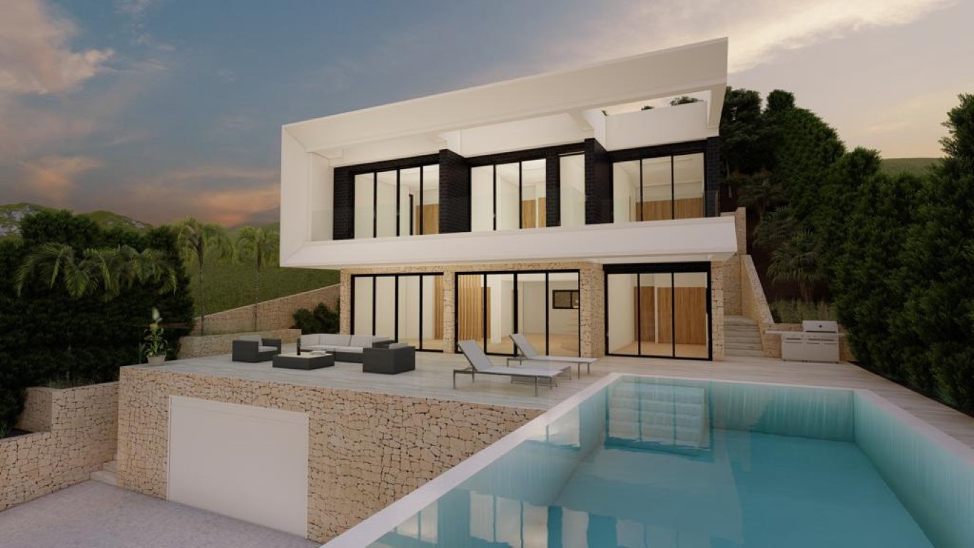 Exterieur van een moderne villa met overloopzwembad, natuurstenen muren, grote glaspartijen en een ruim terras voorzien van loungehoek en buitenkeuken.