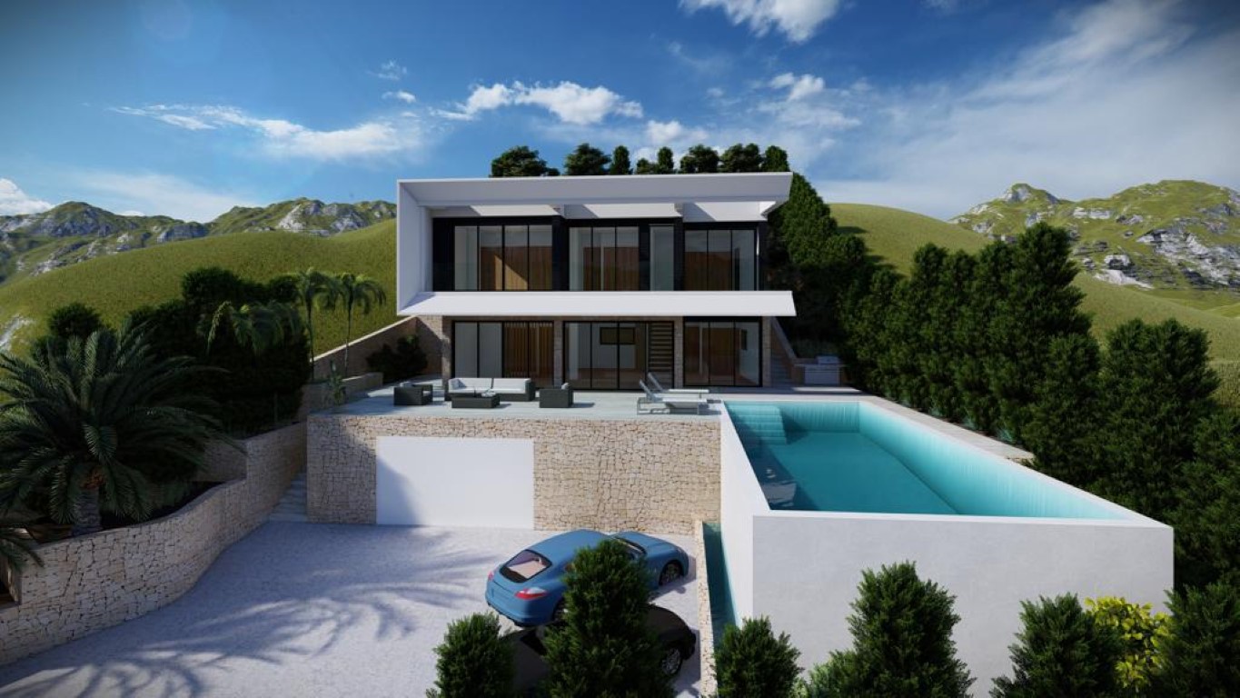Exterieurimpressie van een moderne villa met overloopzwembad, glazen puien en natuurstenen muren gebouwd in de heuvel van Altea Hills.