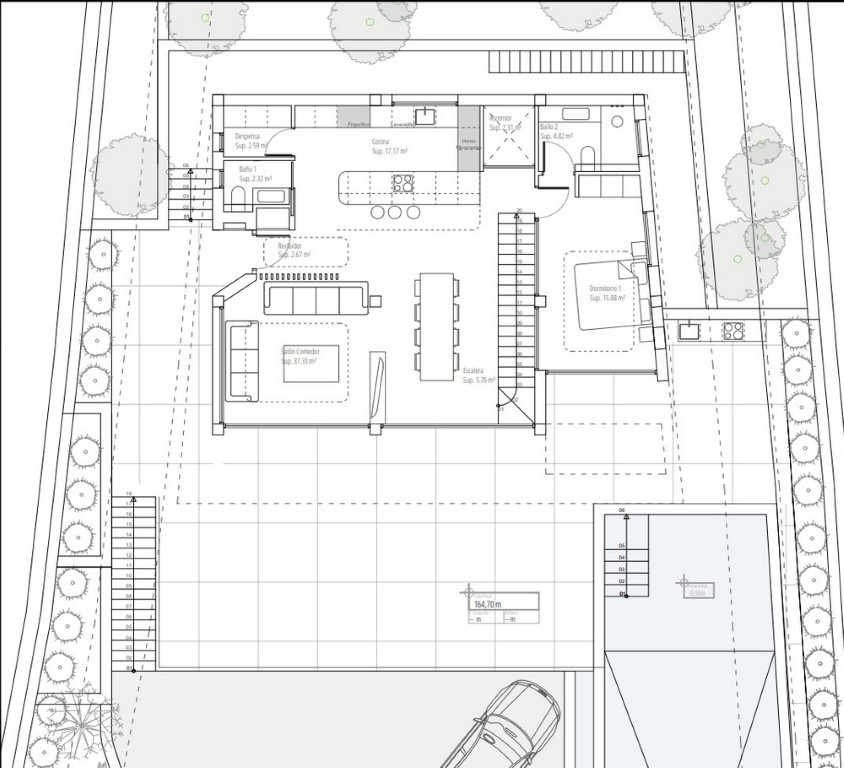 Gedetailleerde plattegrond van de hoofdverdieping met een open woonruimte, keuken met kookeiland, slaapkamer met en-suite badkamer en ruim terras.