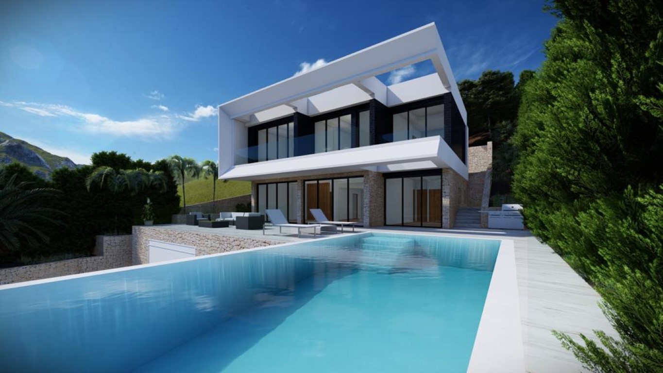 Moderne designvilla met een overloopzwembad van 60 m², natuurstenen gevel en een witte geometrische bovenstructuur met kamerhoge ramen en glazen balustrades.