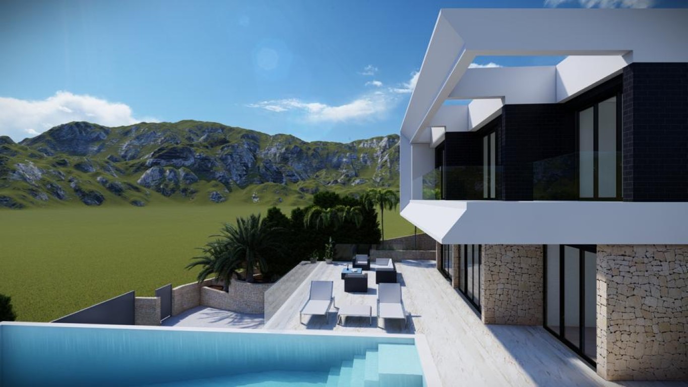 Moderne villa met infinity pool, natuurstenen terras en uitzicht op de bergen. Voorzien van witte geometrische architectuur met zwarte accenten en glazen balustrades.