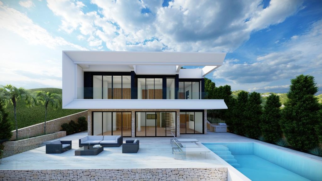 Moderne villa met twee verdiepingen, grote glaspartijen, natuurstenen terras, overloopzwembad en een stijlvolle buitenlounge omgeven door mediterrane beplanting.