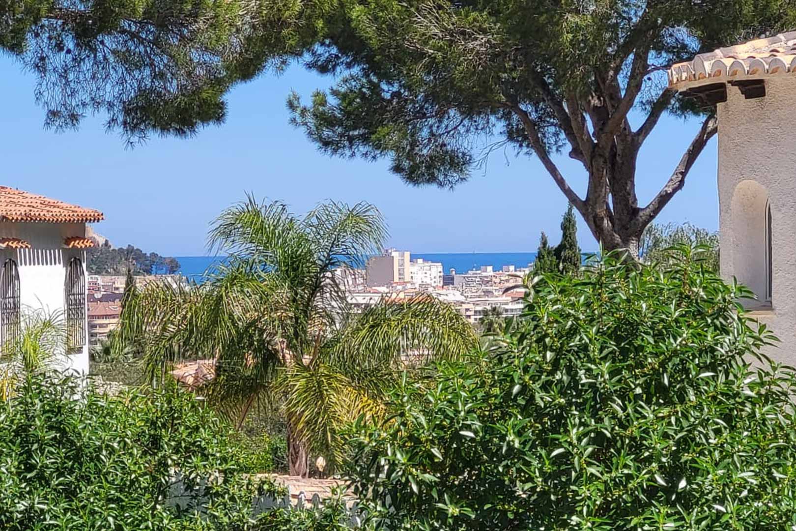 Panoramisch uitzicht op Denia vanaf de villa, met weelderig groen en de Middellandse Zee op de achtergrond.