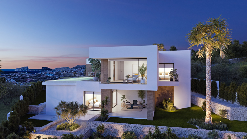 Exterieur van de moderne villa bij avond, met witte architectuur, een overloopzwembad en terrastuinen die uitkijken over de Middellandse Zee.
