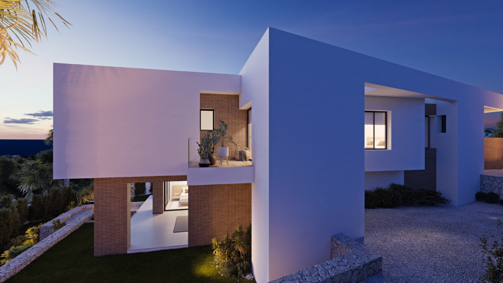 Moderne villa-gevel bij schemering met witte strakke volumes, bakstenen accenten, glazen balkons en verlichte binnenruimtes.