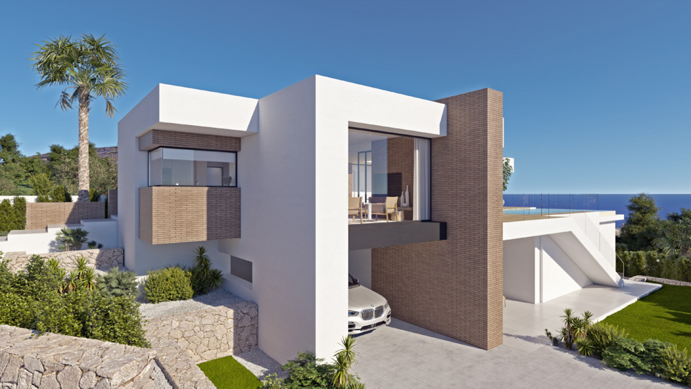 Moderne villa met witte gevel, bakstenen accenten, geïntegreerde garage en een bovenverdieping met glazen wanden die uitkijkt op het overloopzwembad en de zee.