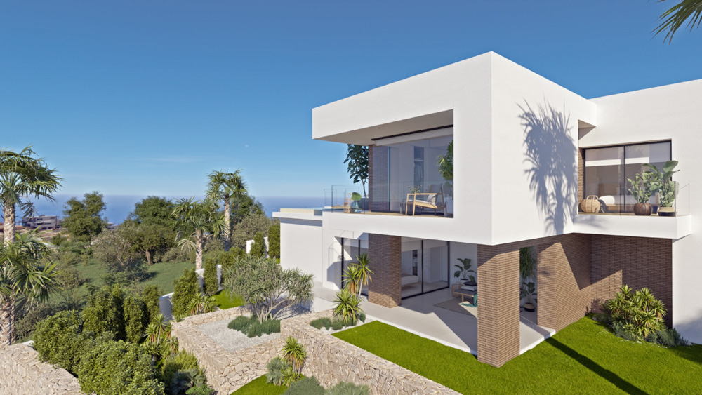 Moderne witte villa met bakstenen accenten, glazen balustrades op de balkons en een aangelegde tuin met natuurstenen muren en uitzicht op zee.
