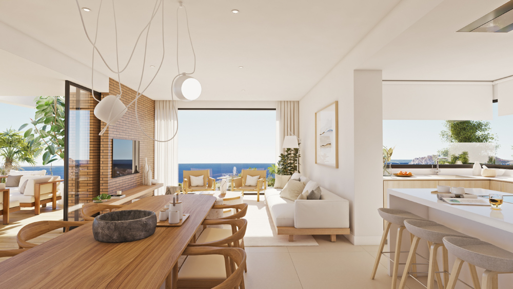 Open woon- en eetruimte met een bakstenen accentmuur, natuurlijk houten meubilair en grote ramen met panoramisch uitzicht op de Middellandse Zee.