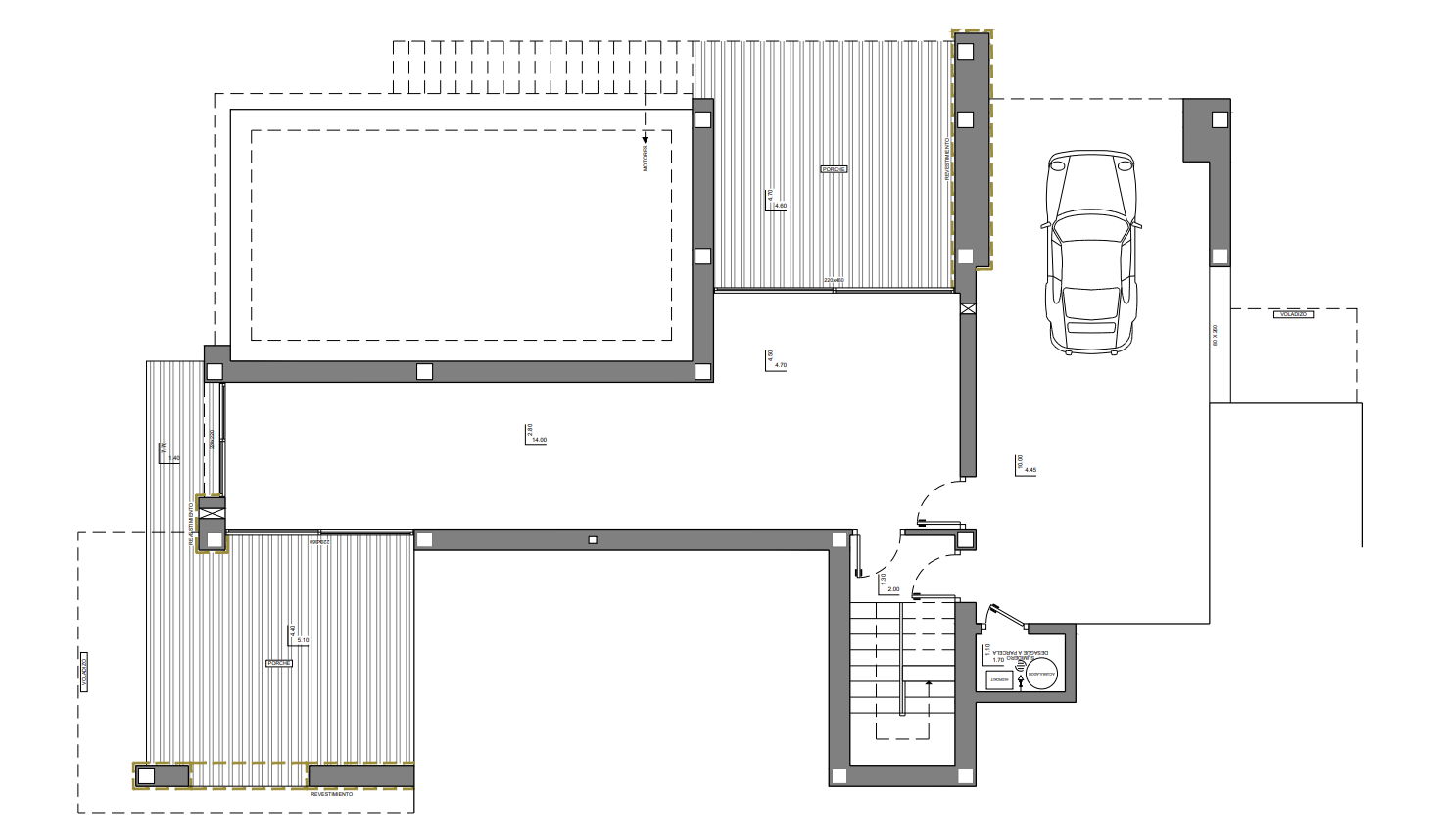Technische plattegrond van de benedenverdieping met de garage, een grote multifunctionele ruimte, de trap en twee overdekte veranda's.