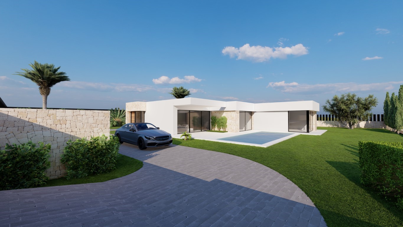 Buitenaanzicht van de moderne gelijkvloerse villa met witte gevels, natuurstenen accenten, privézwembad en een oprit geïntegreerd in het gazon.