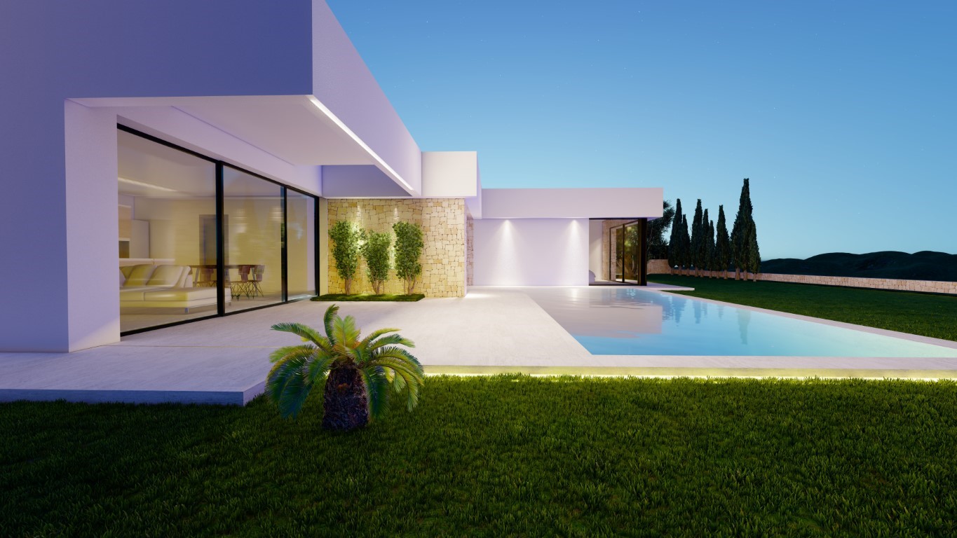 Exterieur van de villa bij schemering met zwembad, geïntegreerde LED-verlichting en een natuurstenen wand. Grote glazen schuifdeuren verbinden de woonkamer met het terras.