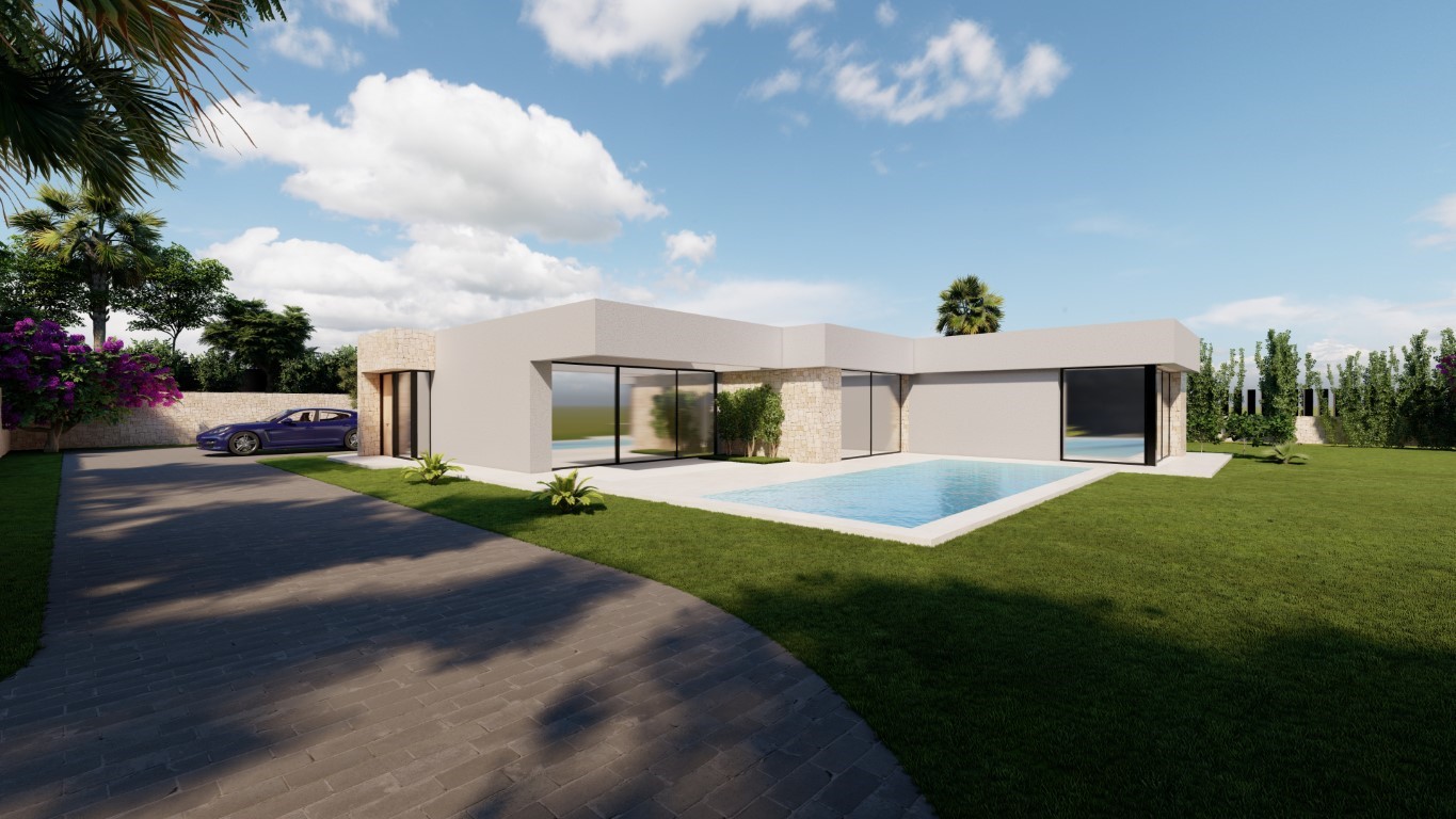 Exterieur van een moderne gelijkvloerse villa met natuurstenen accenten, rechthoekig zwembad, grote glaspartijen en een aangelegde tuin met oprit.