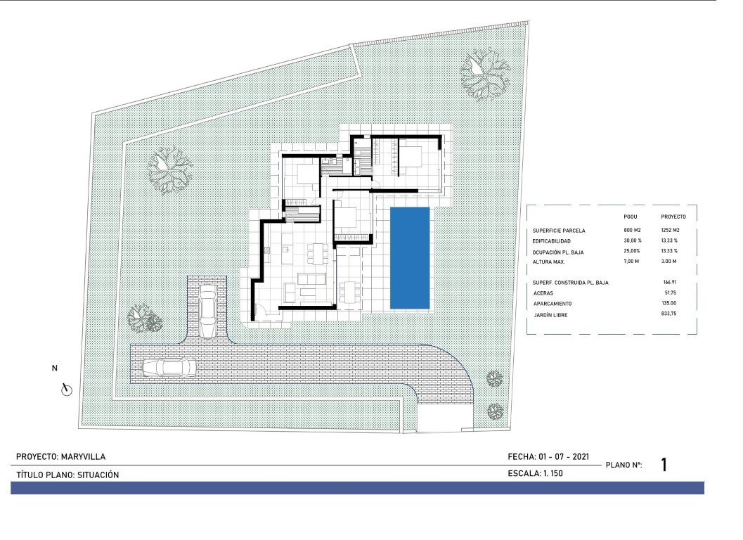 Gedetailleerd inplantingsplan met de indeling van de villa, het zwembad en de oprit op het perceel van 1252 m².