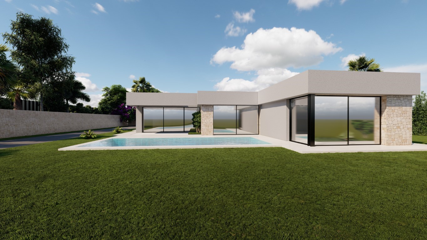 Moderne villa met witte gevels, natuurstenen accenten, een rechthoekig zwembad en grote glazen schuifdeuren die uitkijken op een strak gazon.