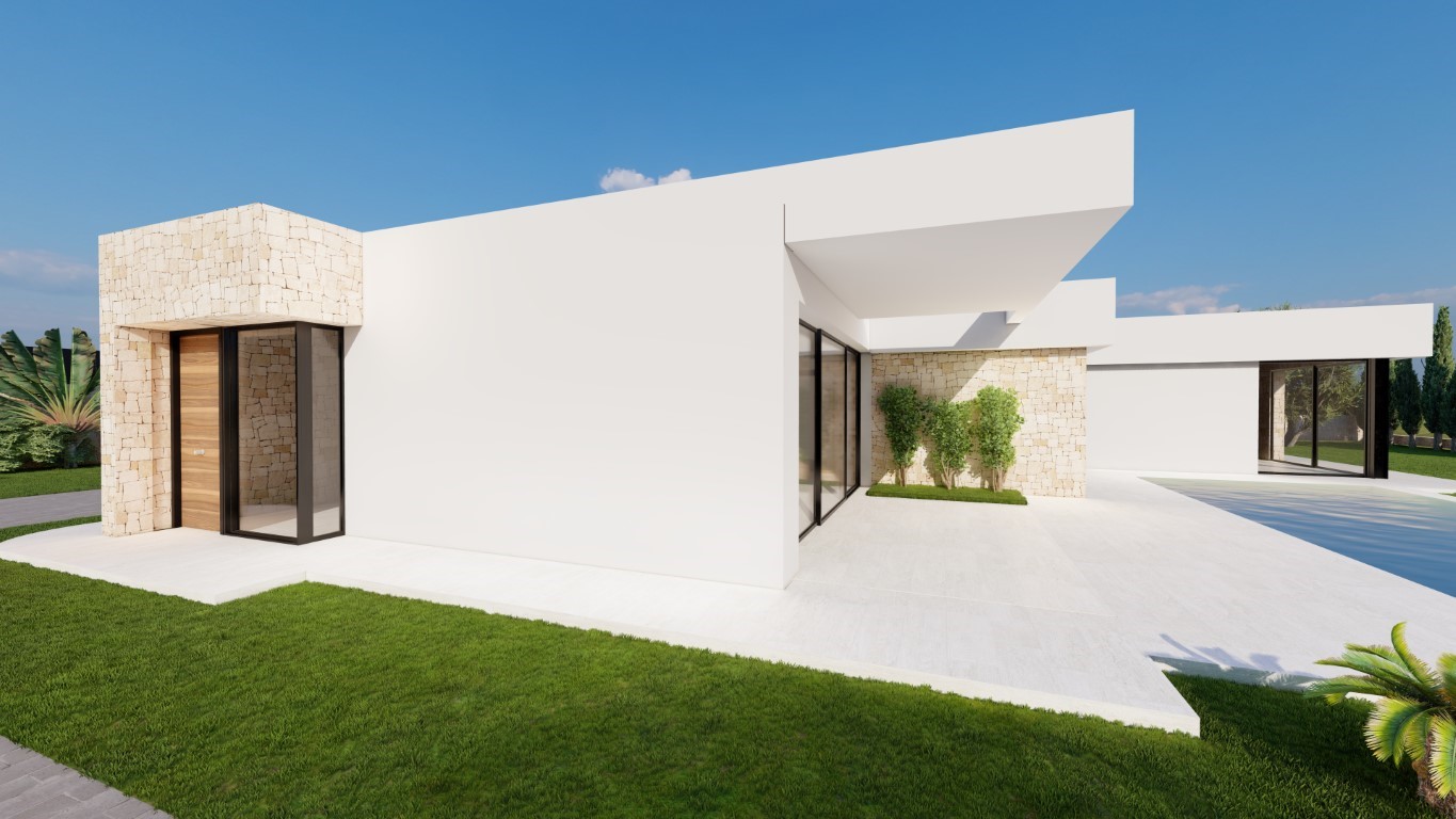 Moderne villa met witte gevels, natuurstenen details en een houten voordeur. Het ruime betegelde terras biedt directe toegang tot het zwembadgedeelte.