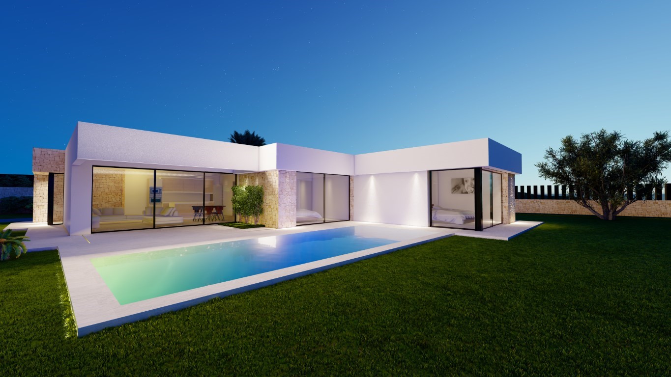 Nachtzicht van de villa met rechthoekig zwembad, witte gevel en natuurstenen details. Grote glazen schuifdeuren verbinden de woonruimtes direct met de tuin.