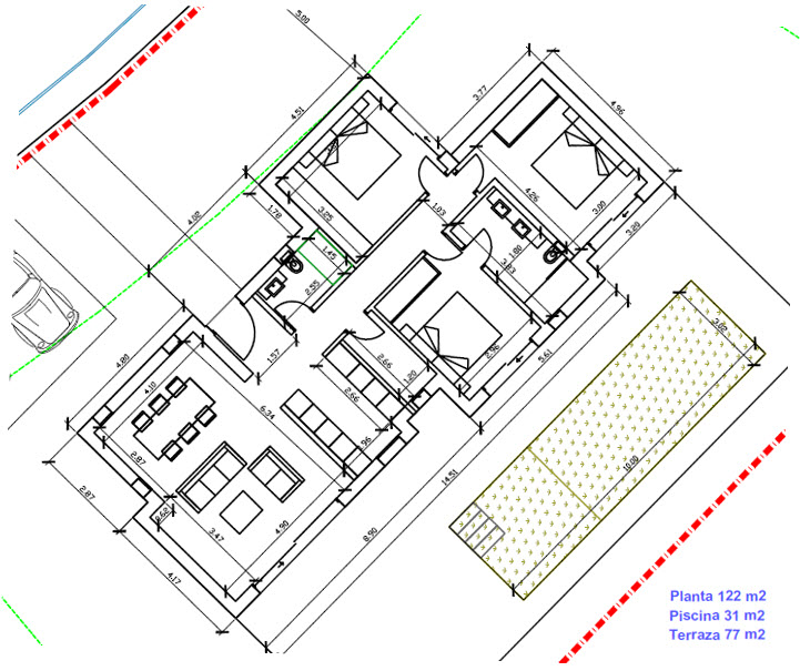 Gedetailleerde architecturale plattegrond van de villa van 122 m2, met de indeling van drie slaapkamers, de woonkamer en het buitenzwembad van 10x3 meter.