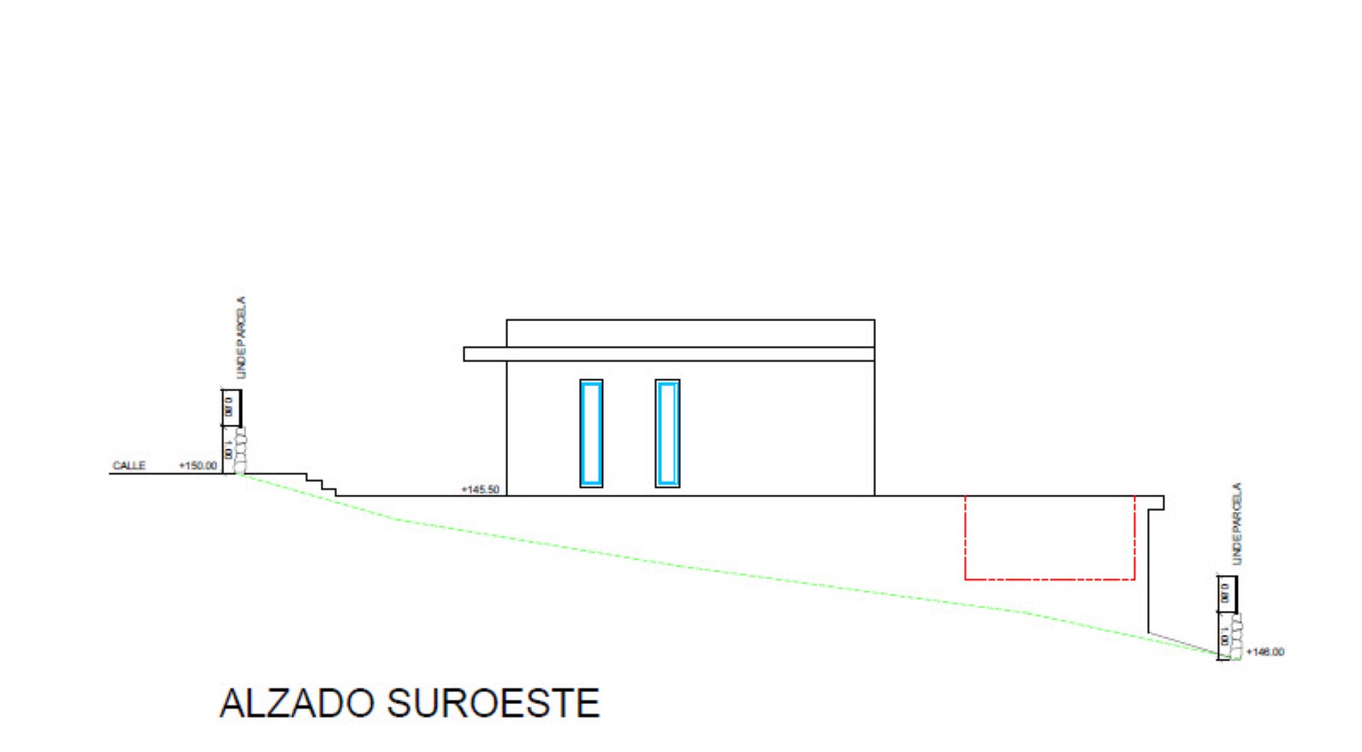 Technische tekening van de zuidwestelijke gevel met details over het architectonisch profiel, de terreinhelling en de plaatsing van het zwembad.
