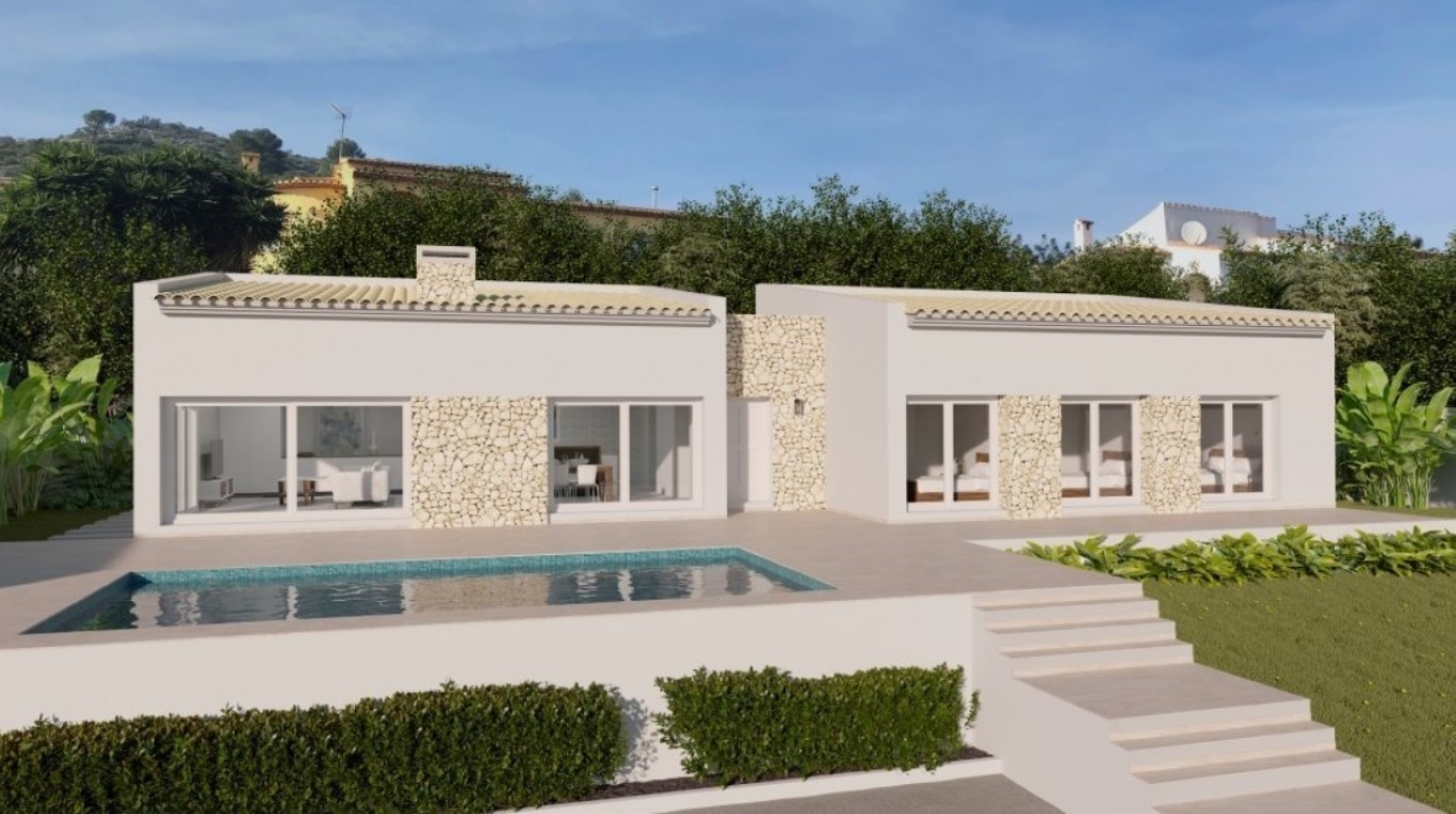 Moderne gelijkvloerse villa met natuurstenen accenten, een rechthoekig zwembad en een ruim terras dat uitkijkt over de aangelegde mediterrane tuin.