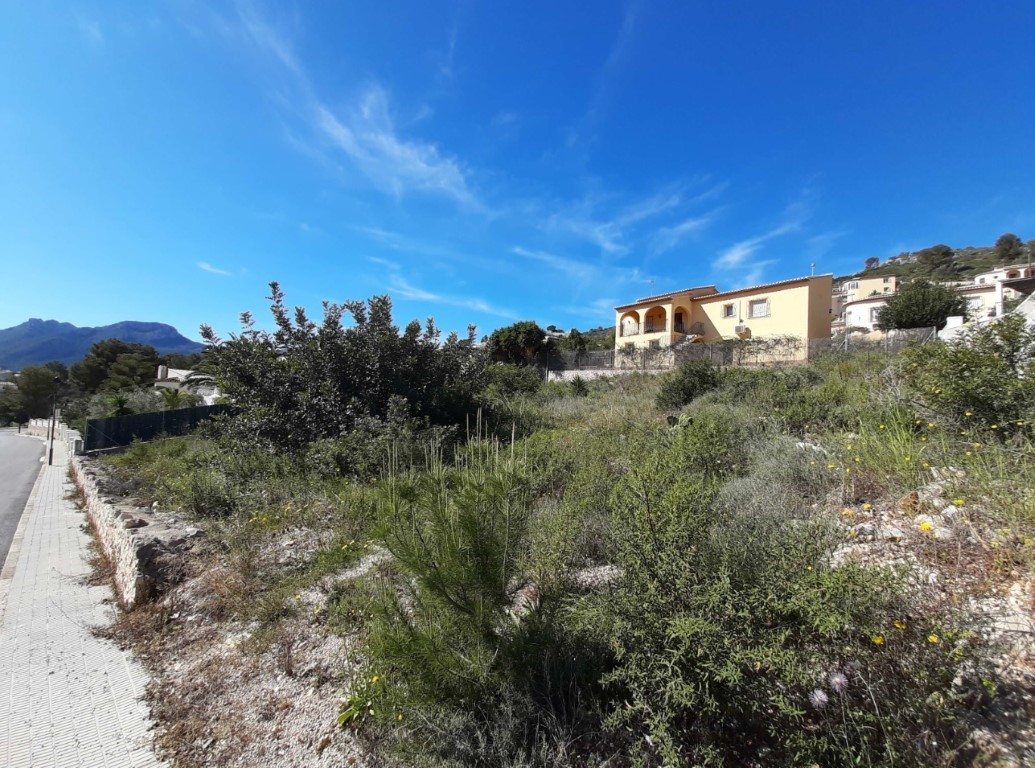 Perceel met mediterrane vegetatie en uitzicht op de bergen, gelegen aan een geplaveid voetpad in een rustige woonwijk van Alcalalí.