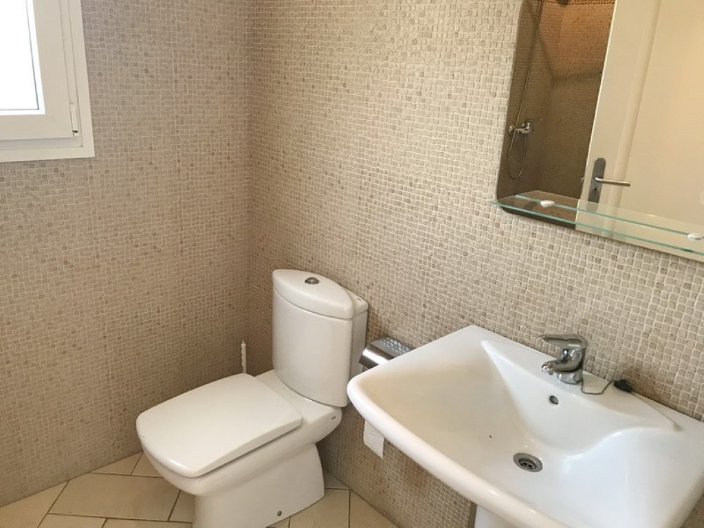 Badkamer met beige mozaïekwandtegels, een witte keramische wastafel en bijpassend toilet. Voorzien van een spiegel met glazen planchet en natuurlijke lichtinval.