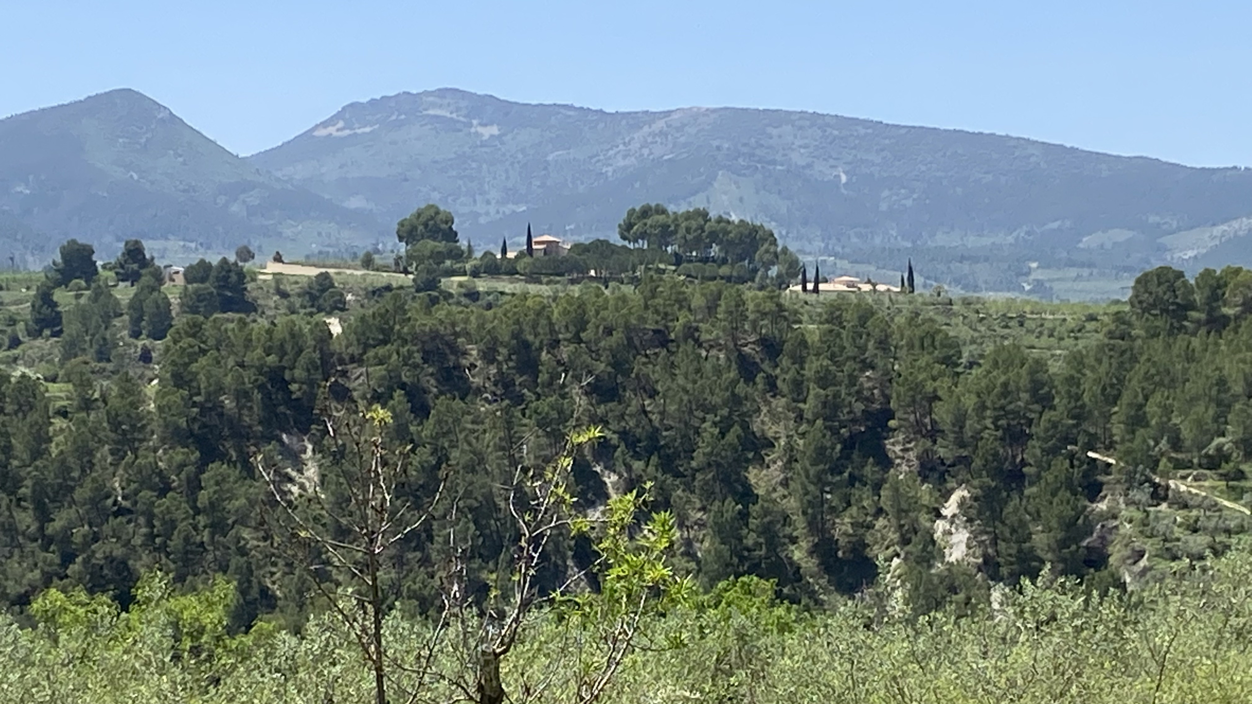 Panoramisch uitzicht op het landgoed te midden van dichte dennenbossen en glooiende bergen, met de gebouwen geïntegreerd in het natuurlijke mediterrane landschap.