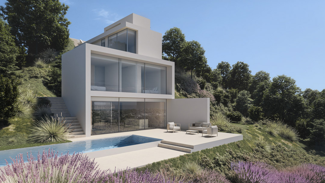 Exterieur van de moderne witte villa met grote glaspartijen, een rechthoekig zwembad en een minimalistisch terras gelegen in een groene heuvelachtige omgeving.