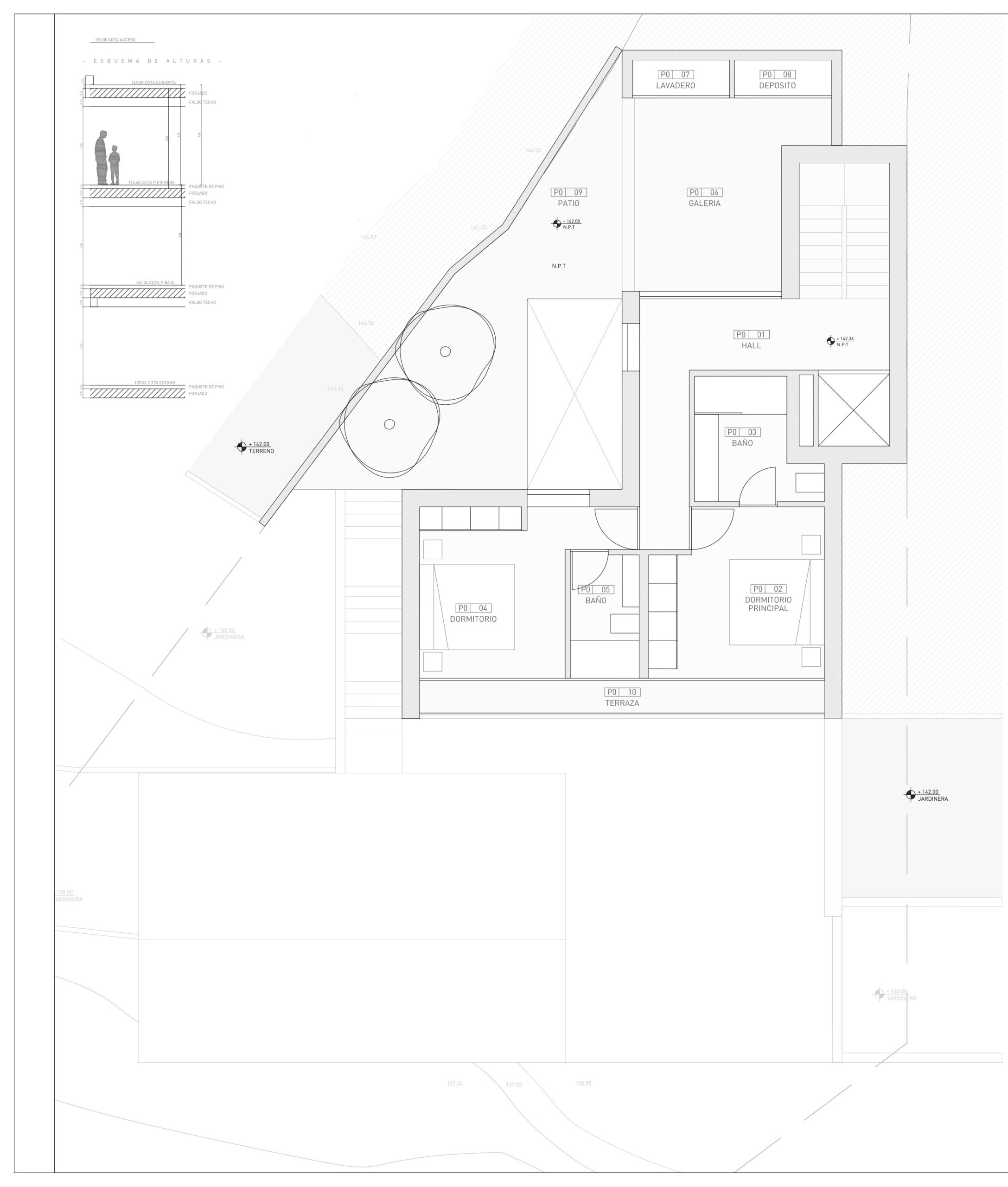 Gedetailleerde architecturale plattegrond van de verdieping met hoofdslaapkamer, gastenkamer, wasruimte en terras, inclusief lift- en trapverbinding.
