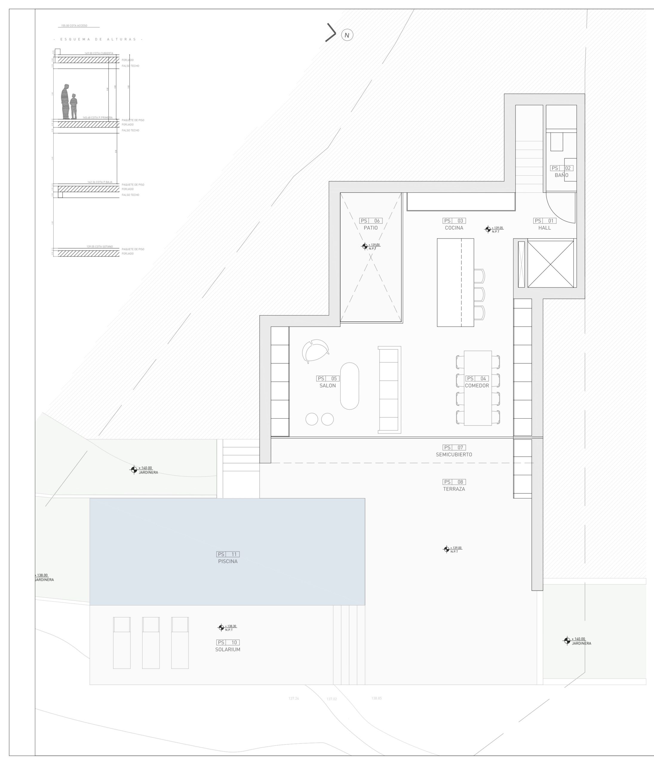 Gedetailleerde plattegrond van de begane grond met open woonkamer, keuken met kookeiland, patio en buitenterras met zwembad en solarium.