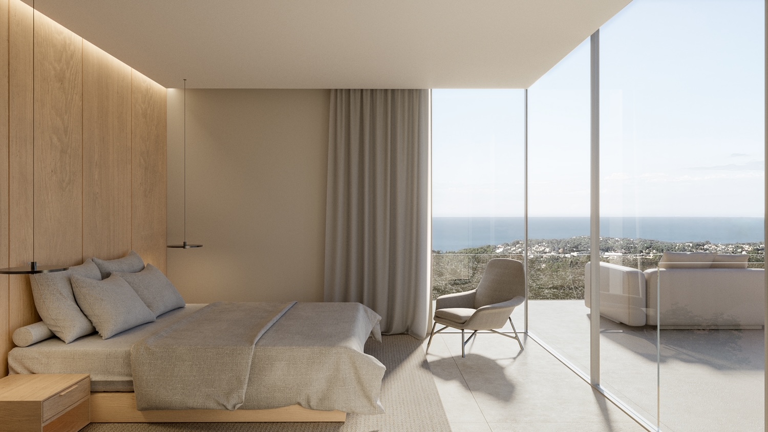 Minimalistische slaapkamer met houten wandafwerking, indirecte verlichting en kamerhoge schuifpui met panoramisch zeezicht en toegang tot het terras.