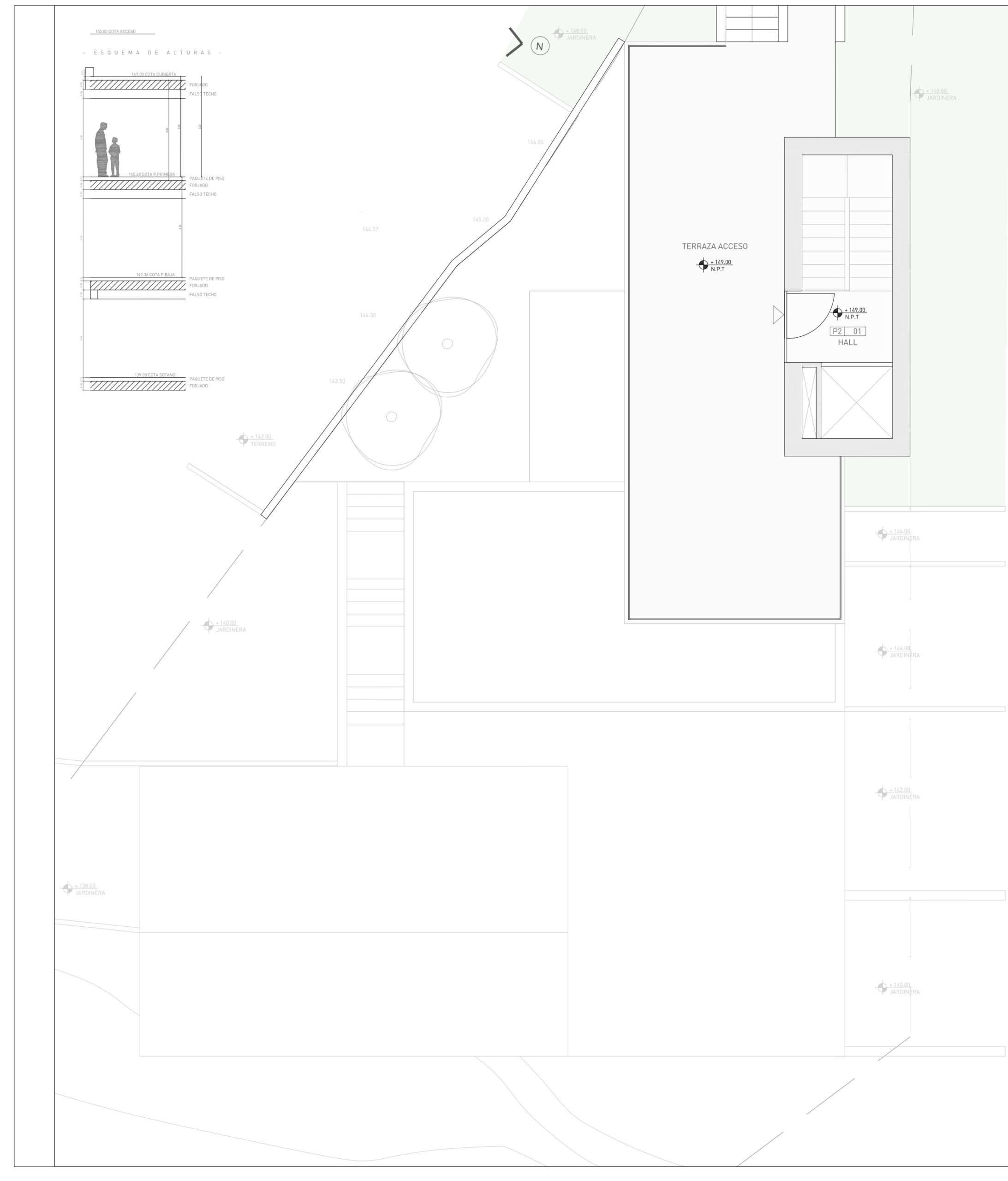 Technische bouwtekening met het hoogteschema van vier verdiepingen, de hal met lift en trappenhuis, en het ruime toegangsterras.