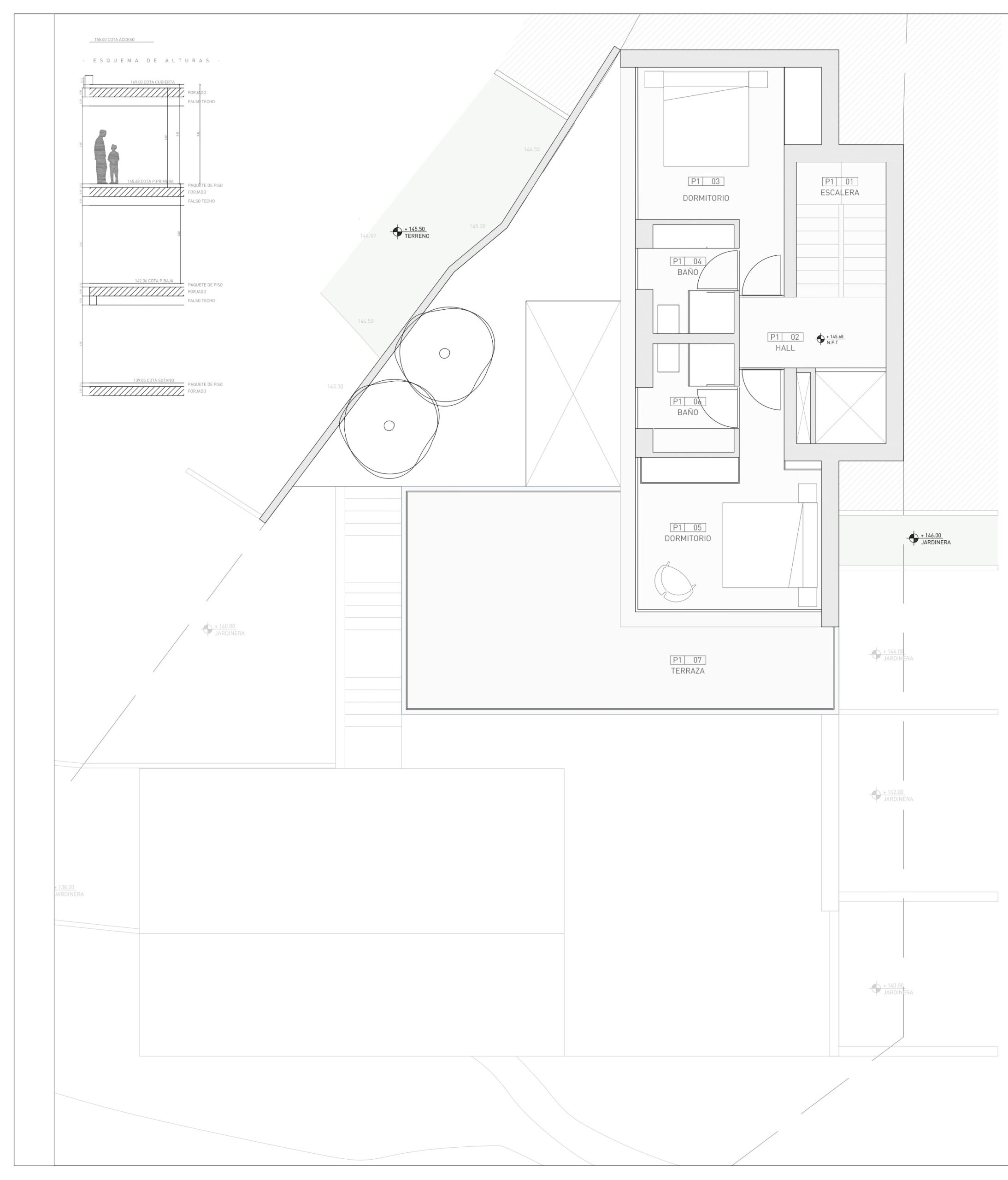Technische plattegrond van de eerste verdieping met twee slaapkamers met en-suite badkamers, een hal met lift en een ruim buitenterras.