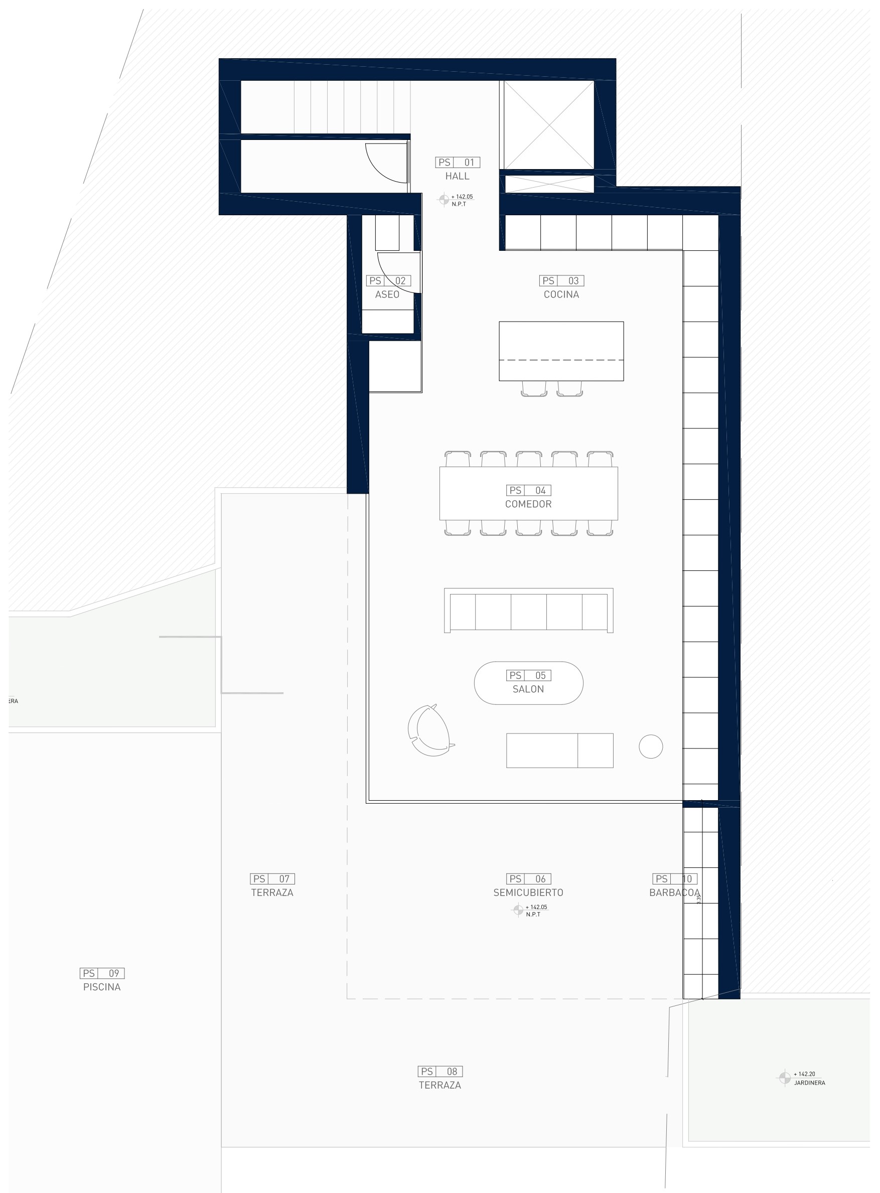 Gedetailleerde plattegrond van de begane grond met de open indeling van de woonkamer, eetkamer en keuken, grenzend aan het terras met zwembad en barbecueplaats.