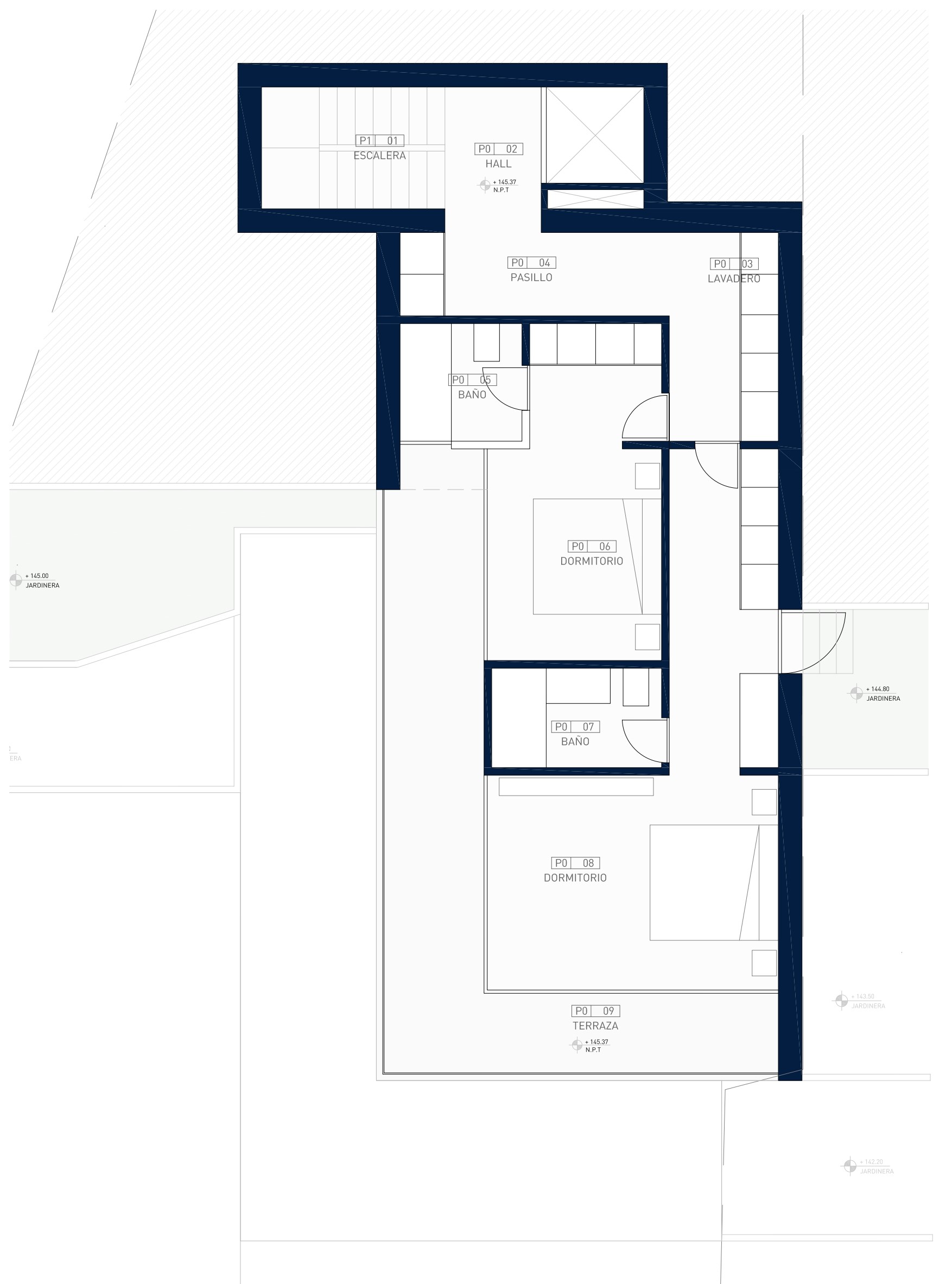 Gedetailleerde plattegrond van niveau P0 met twee slaapkamers met en-suite badkamers, een wasruimte en een ruim doorlopend terras.