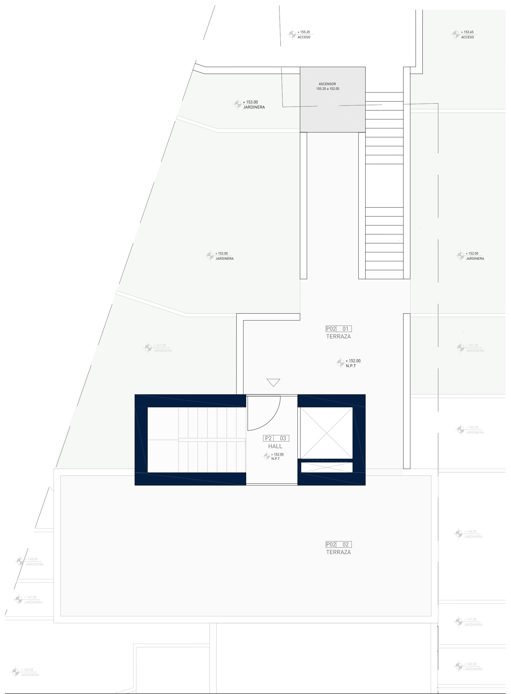 Gedetailleerde technische plattegrond van de bovenverdieping met de hal, lift, trap en grote terrassen voorzien van geïntegreerde plantenbakken.