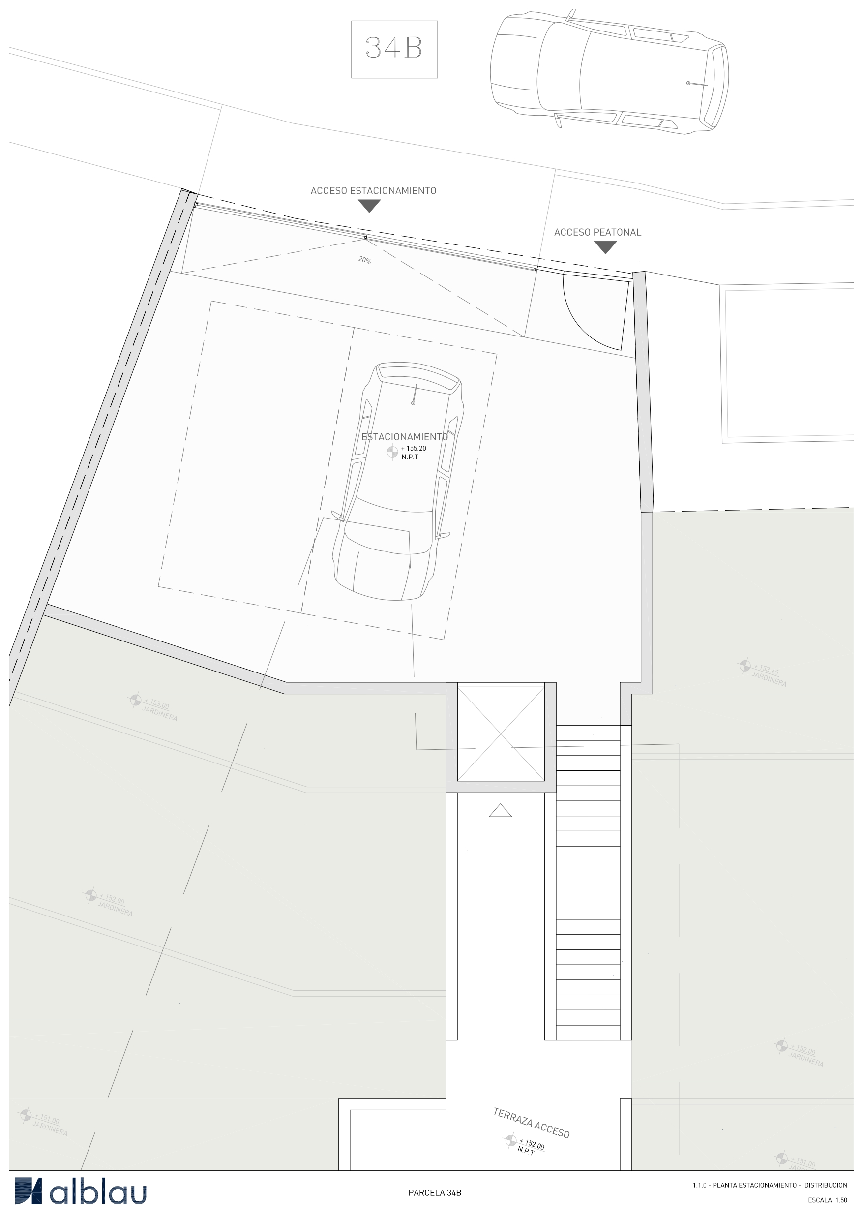 Technisch grondplan van het straatniveau met parkeergelegenheid voor twee auto's, voetgangerstoegang, liftschacht en trap naar het toegangsterras.
