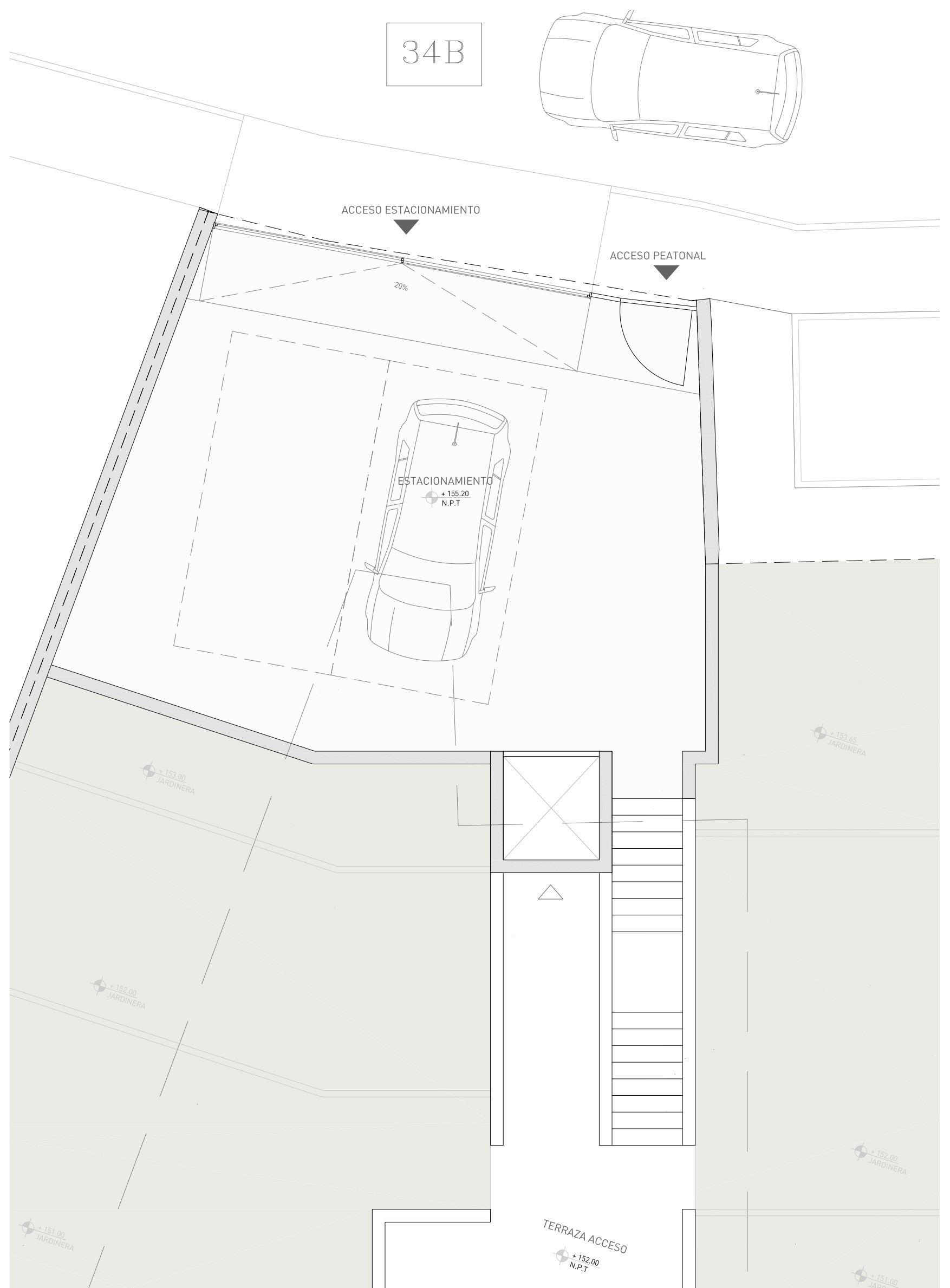 Technisch plan van het straatniveau met dubbele parkeergelegenheid, voetgangerstoegang en de verbinding via trap en lift naar het toegangsterras.