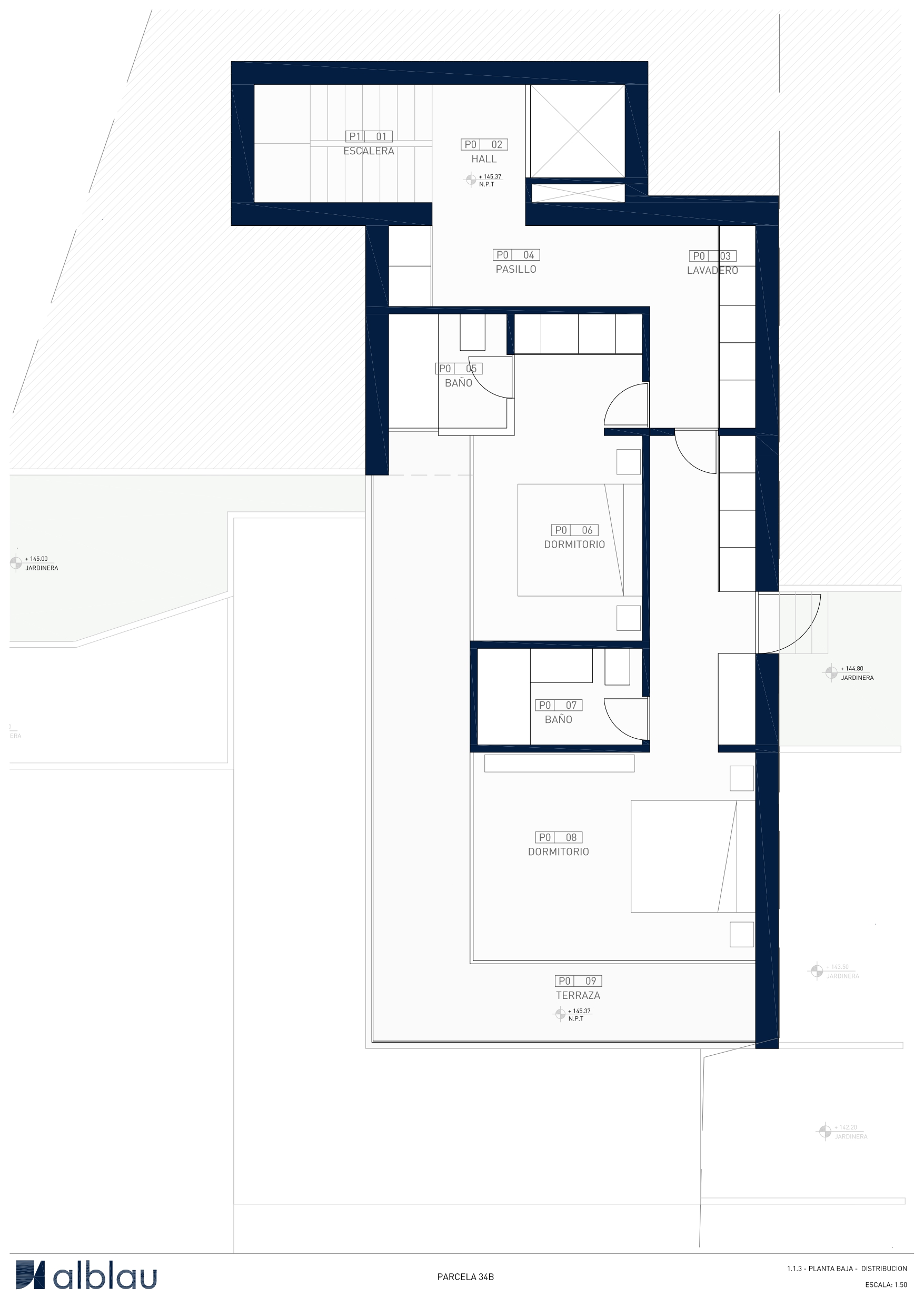 Technische plattegrond van de begane grond met twee slaapkamers met en-suite badkamers, een wasruimte en een groot gedeeld terras.