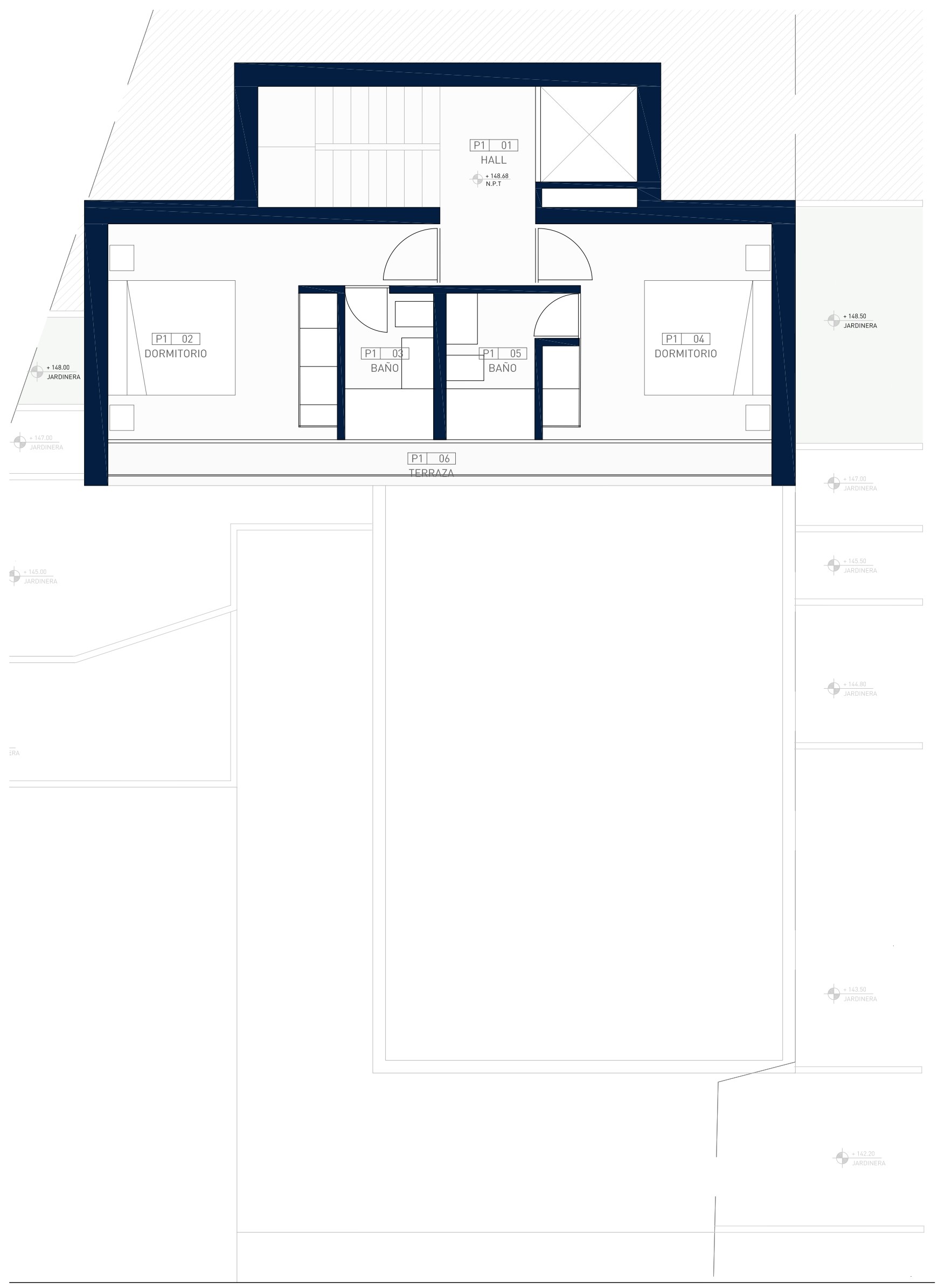 Technische plattegrond van de eerste verdieping met twee tweepersoonskamers, en-suite badkamers en een gedeeld terras, verbonden door een centrale hal met lift en trap.