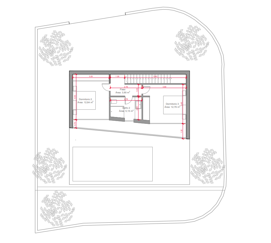 Architecturale plattegrond van de bovenverdieping met twee tweepersoonsslaapkamers, een gedeelde badkamer en de overloop met exacte afmetingen.