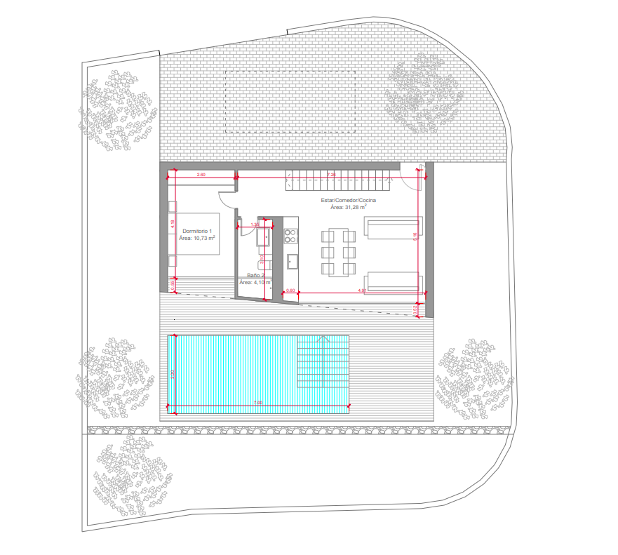 Gedetailleerde plattegrond van de begane grond met een open woonruimte van 31 m², slaapkamer, badkamer en buitenruimte met zwembad van 7x3 meter en terras.