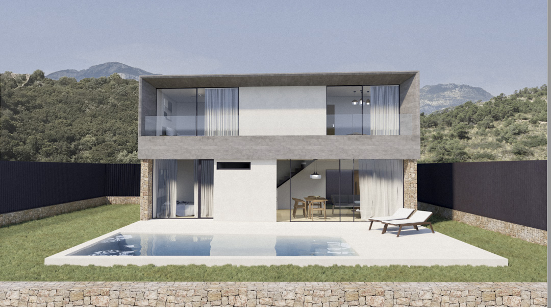 Minimalistische gevel van twee verdiepingen met kamerhoge glaspartijen, een rechthoekig zwembad op een wit terras en natuurstenen details bij de bergen.