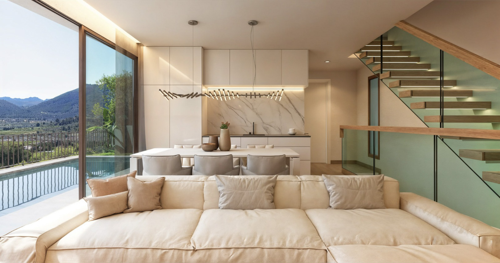 Open woonkamer met moderne keuken, zwevende houten trap en grote glazen schuifdeuren die leiden naar het terras met zwembad en uitzicht op de bergen.