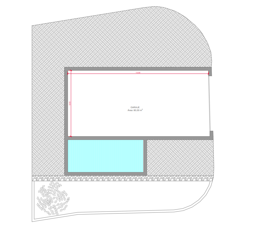 Technische plattegrond van het souterrain met een ruime garage van 80 m² (13 x 6 meter), gelegen naast het zwembadgedeelte.