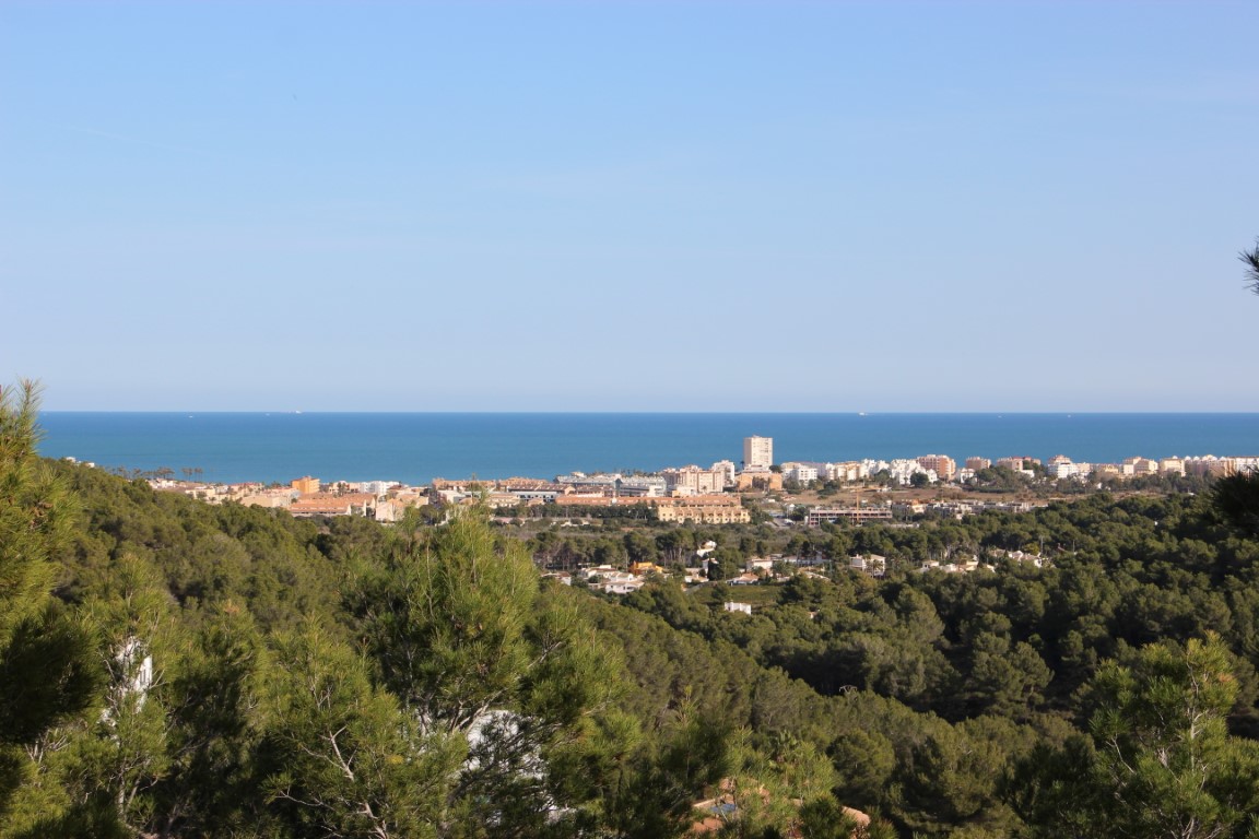 Panoramisch uitzicht op de Middellandse Zee en de kustlijn vanaf de hoger gelegen percelen, omgeven door een weelderig dennenbos en een heldere horizon.