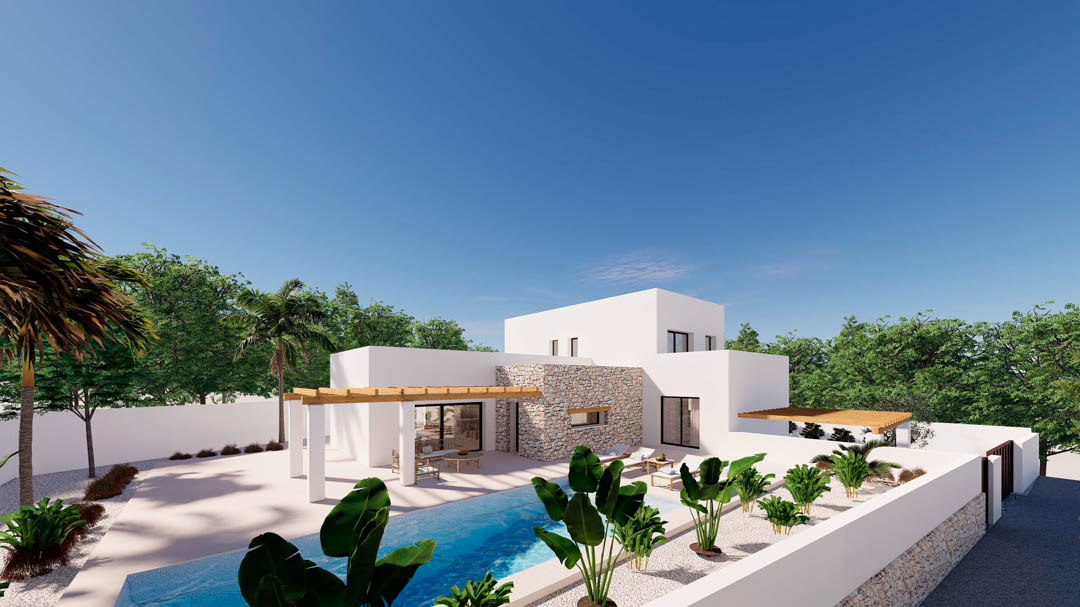 Exterieur van de villa met witte gevels, natuurstenen accenten, een rechthoekig zwembad en terrasgedeeltes in de schaduw van houten pergola's.