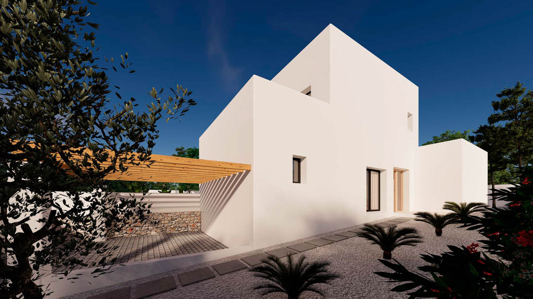 Minimalistische gevel in Ibiza-stijl met witte volumes, een houten pergola en een onderhoudsvriendelijke tuin met grind, stapstenen en mediterrane beplanting.