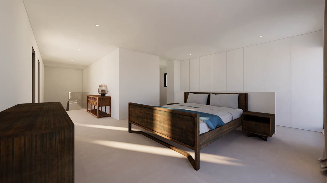 Minimalistische slaapkamer met donkerhouten bedframe, kamerhoge witte inbouwkasten en subtiele inbouwspots in het plafond op een lichte vloer.