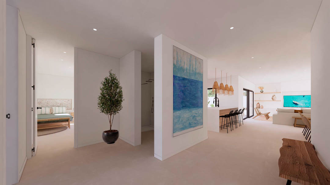 Open indeling die de slaapkamer en badkamer verbindt met de woonruimte. Voorzien van lichte vloertegels, inbouwspots en een kookeiland met natuurlijke houten details.